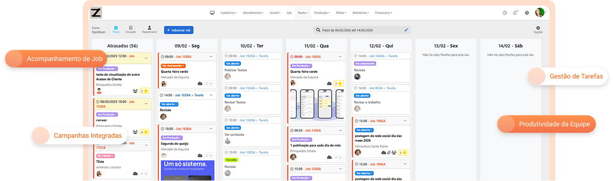 Software para gestão de agências de marketing com controle de jobs, projetos, equipes, tarefas, horas e financeiro.